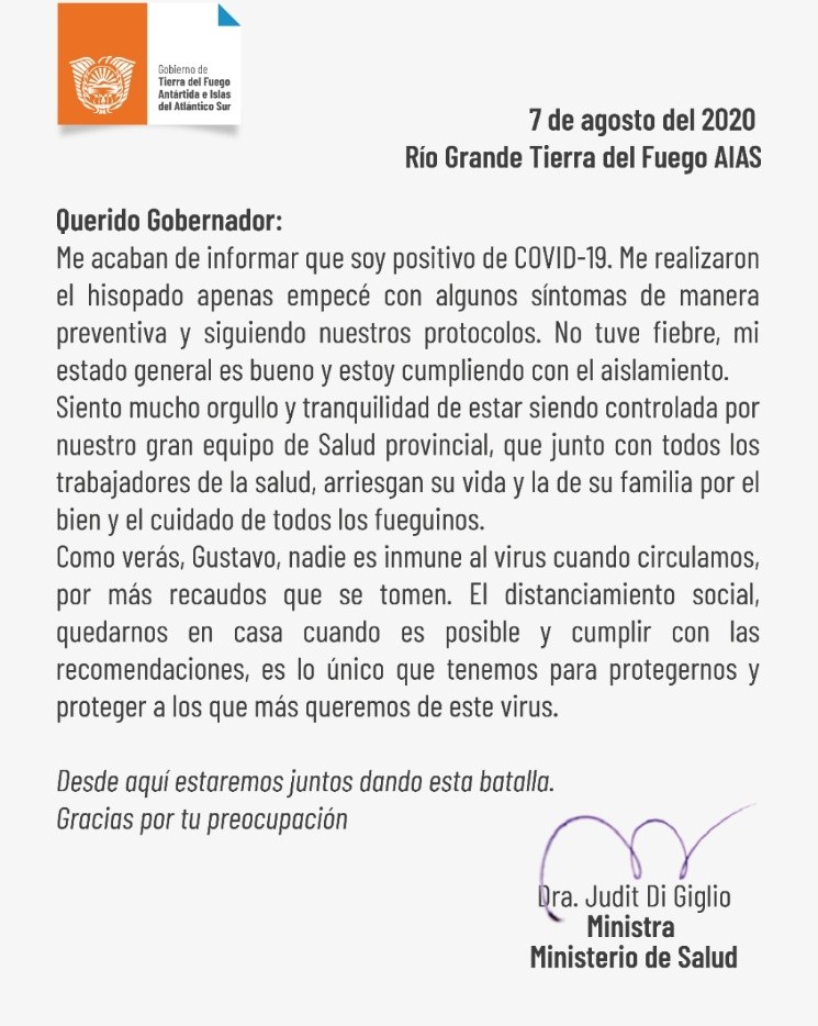 La ministra de Salud de Tierra del Fuego contrajo coronavirus