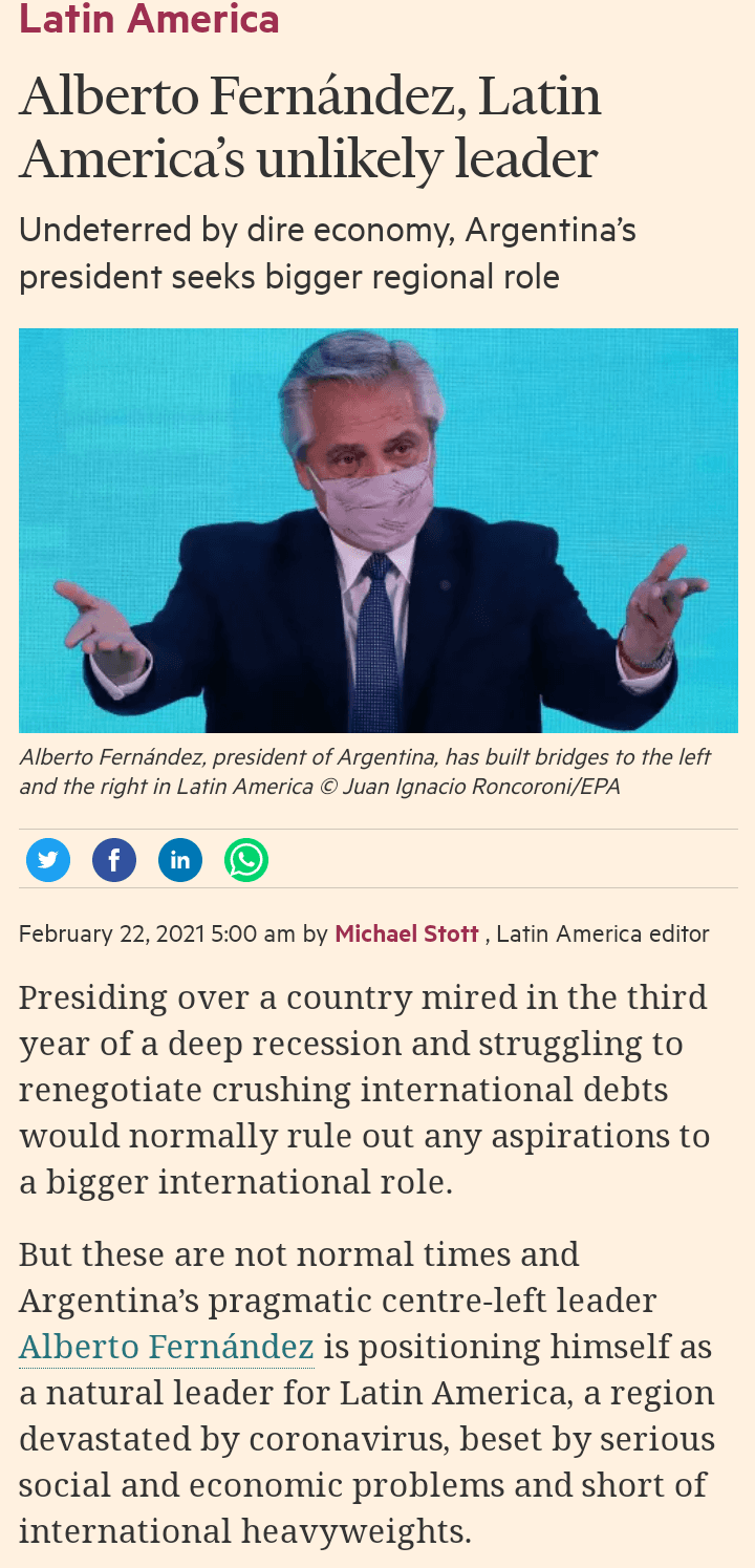 Financial Times: Alberto Fernandez "se posiciona como un lider natural de America Latina"