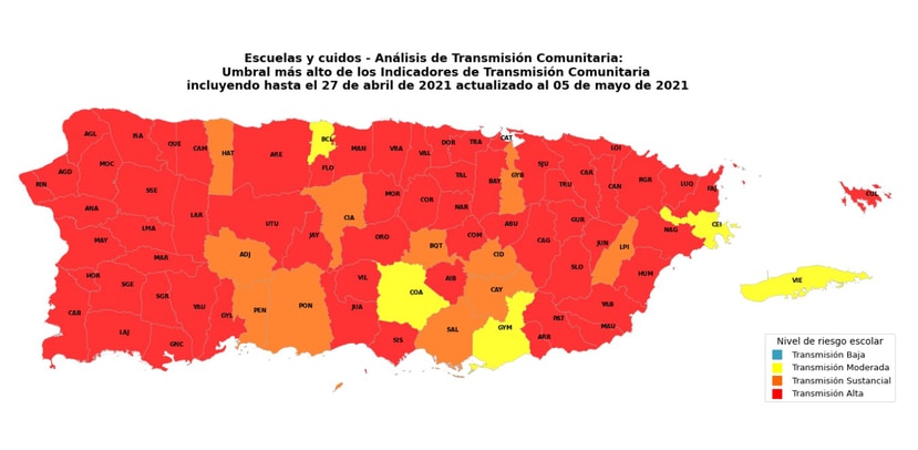 Niveles de transmision del COVID-19 para el 5 de mayo.