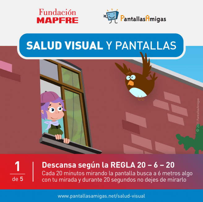 La regla del 20-20-20 o 20-06-20 nos invita a no pasar mas de 20 minutos seguidos mirando el movil y a mirar a 20 metros de distancia y durante 20 segundos.