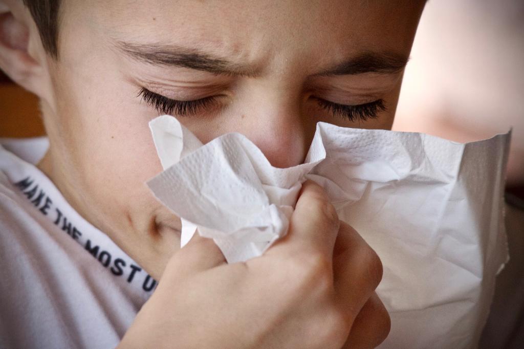 Un niño se suena la nariz con un pañuelo. Pixabay