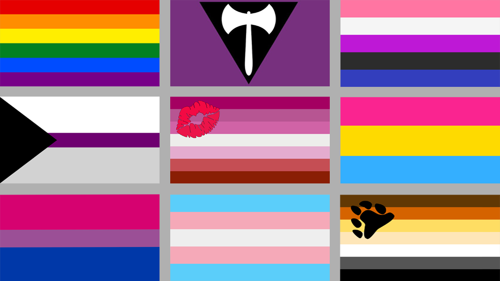 Banderas que representan diferentes identidades, orientaciones sexuales y formas de diversidad corporal.