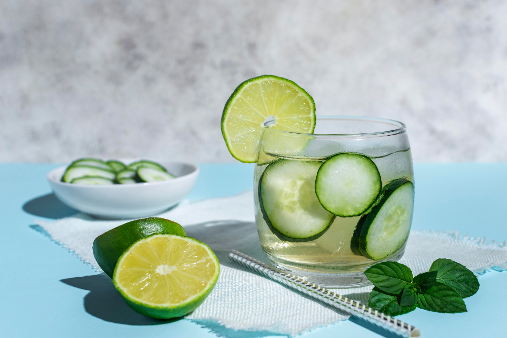 Imagen de una infusion fria de pepino y hierbas